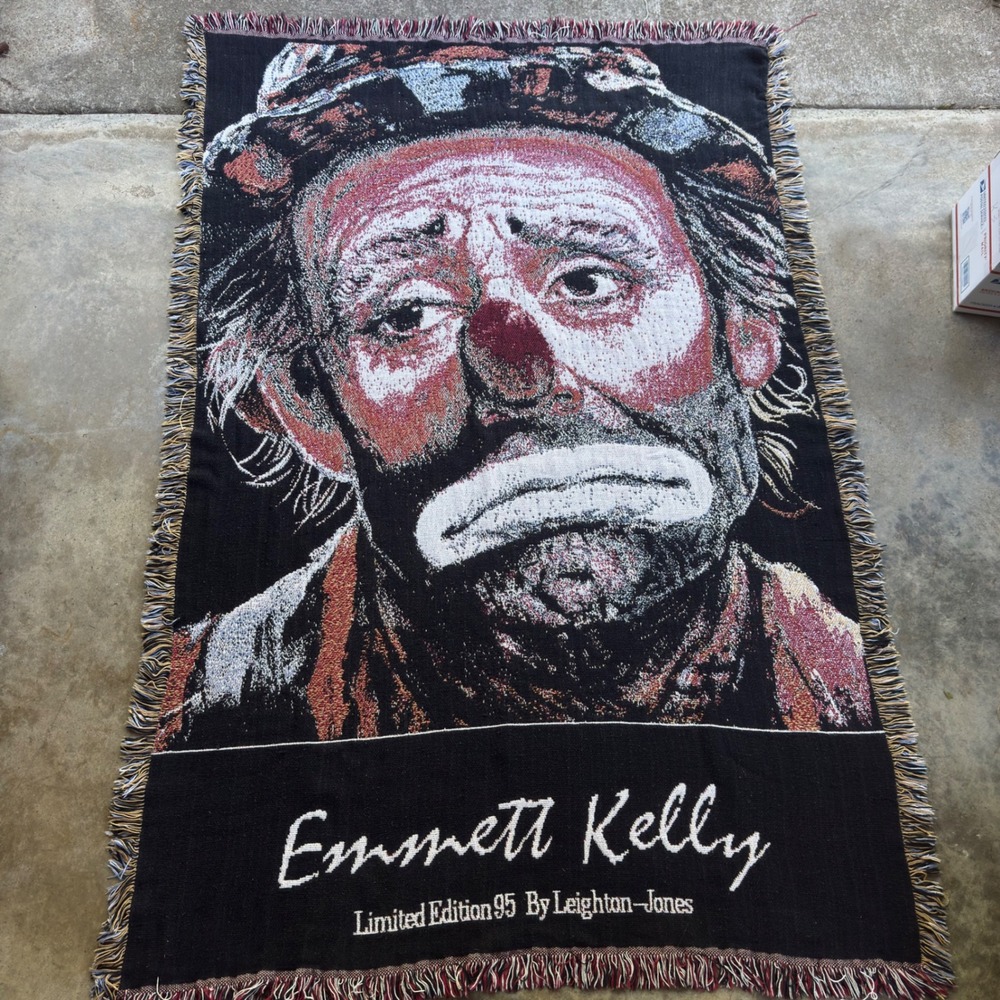 Vintage 90s Emmett Kelly Weary Willie Leighton-Jones Tapestry Blanket Black